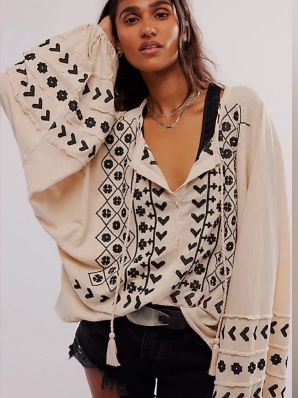 Free People Cream Tunic with Black Embroidery